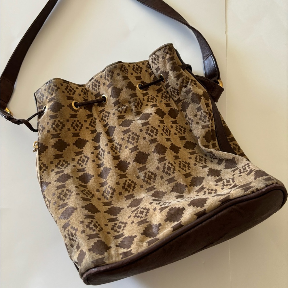 Signature Brown Tan Canvas Drawstring Small Bucket Bag Purse W/Genuine Leather